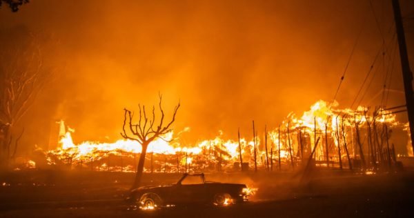 LOS ANGELES, CALIFORNIA - JANUARY 7: Flames from the Palisades Fire burns a car and homes amid a powerful windstorm on January 7, 2025 in the Pacific Palisades neighborhood of Los Angeles, California.The fast-moving wildfire is threatening homes in the coastal neighborhood amid intense Santa Ana Winds and dry conditions in Southern California.  (Photo by Apu Gomes/Getty Images)