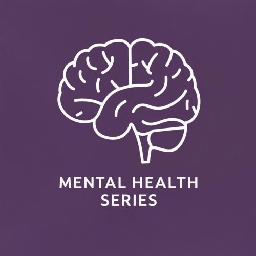 I want an image of outline of a less detailed brain against purplish blue background and underneath it write 'mental health series'